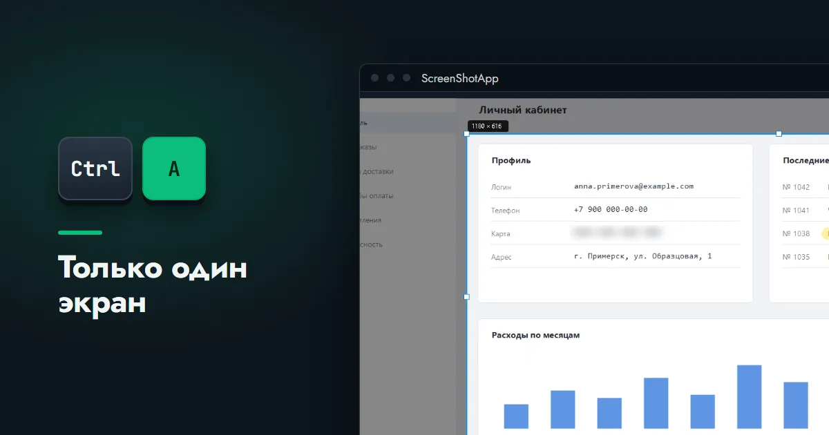 Клавиши Ctrl и A рядом с окном редактора ScreenShotApp с рамкой выделения и размером области в пикселях