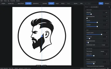 Окно RasterTracer. Логотип разделён шторкой на растровый оригинал и векторный результат, справа панель параметров